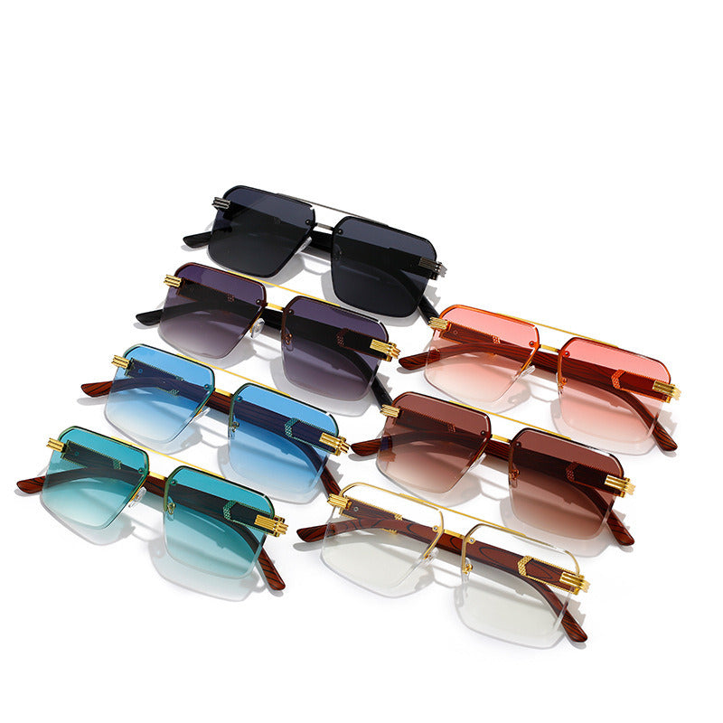 Women Sunglasses Fashion Square Sunglass Wood Grain Mirror Legs Sun Glasses Retro Double Bridge UV400 Shades Eyewear