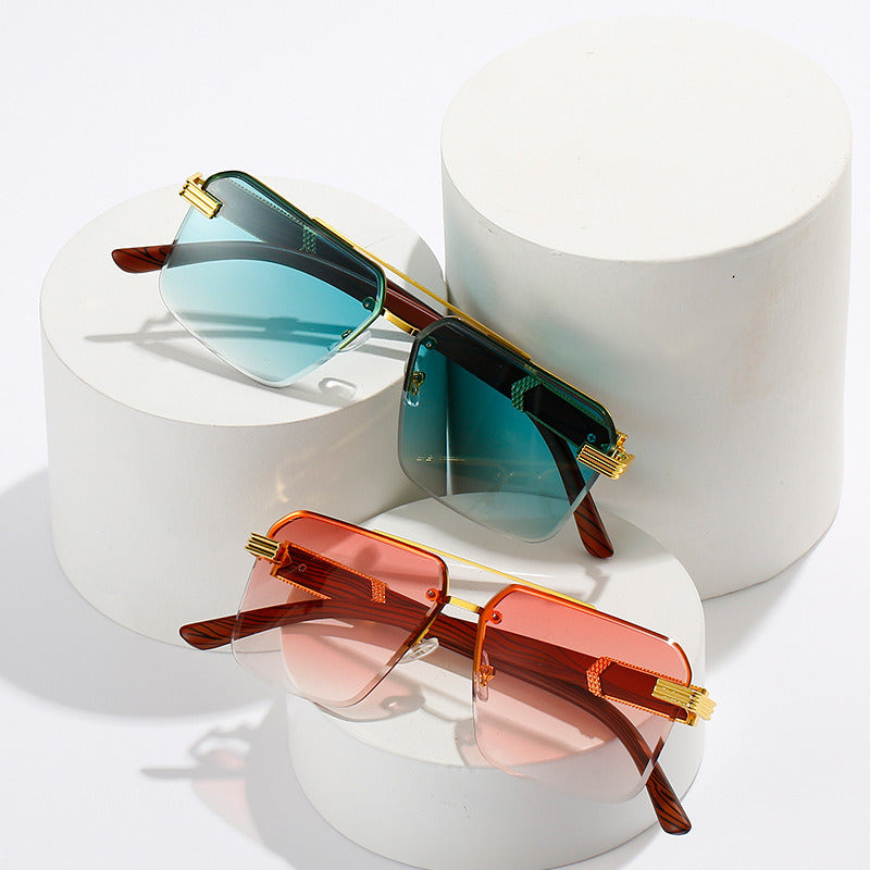 Women Sunglasses Fashion Square Sunglass Wood Grain Mirror Legs Sun Glasses Retro Double Bridge UV400 Shades Eyewear